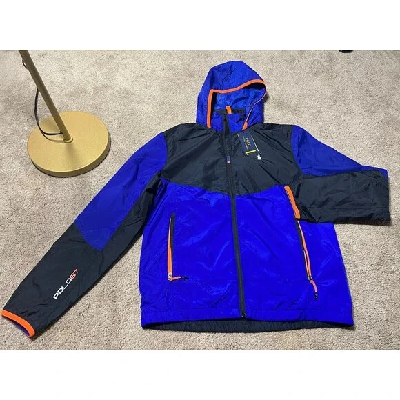 POLO RALPH LAUREN Men's Windbreaker Hoodie Jacket Size M Blue&black NWT